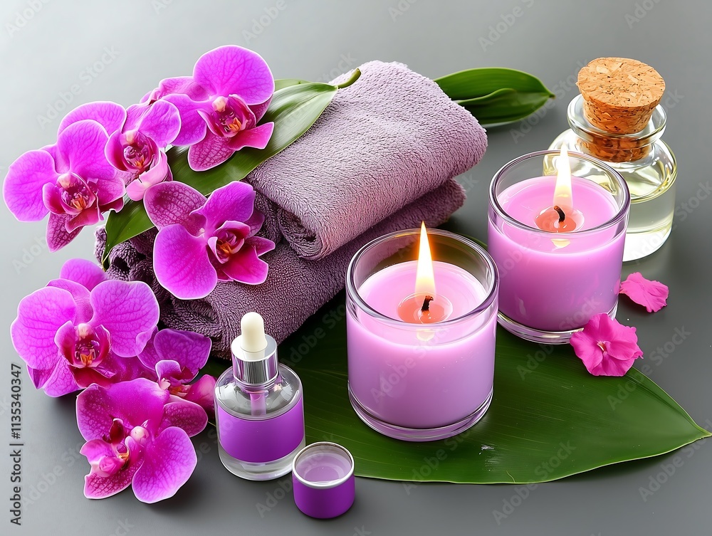 Relaxing spa treatment with candles and flowers home spa still life calm environment close-up view Relaxing spa treatment with candles and flowers home spa still life calm environment close-up view