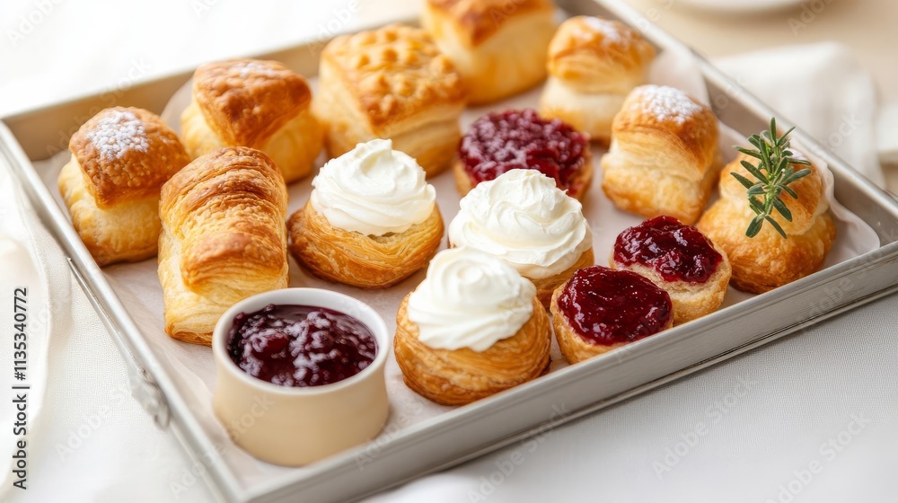 A tray of pastries served with clotted cream and jam, promoting indulgence, English charm A tray of pastries served with clotted cream and jam, promoting indulgence, English charm