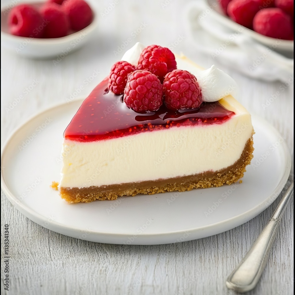 Cheesecake with rich cream and a raspberry topping, promoting indulgence, dessert decadence Cheesecake with rich cream and a raspberry topping, promoting indulgence, dessert decadence