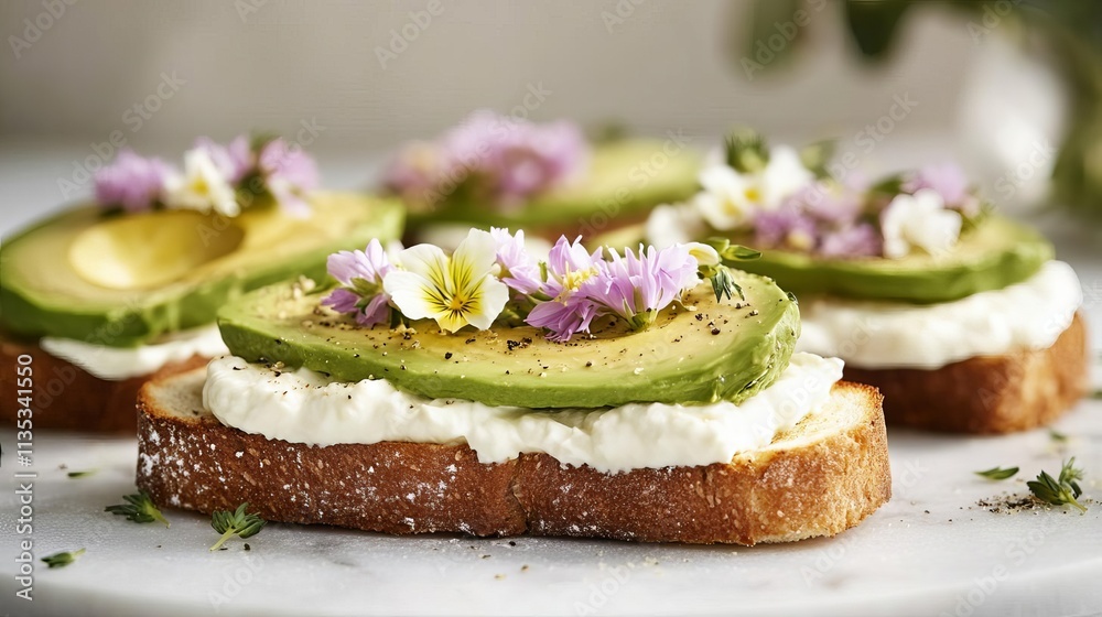 Creamy avocado toast topped with edible flowers, promoting indulgence, breakfast elegance Creamy avocado toast topped with edible flowers, promoting indulgence, breakfast elegance