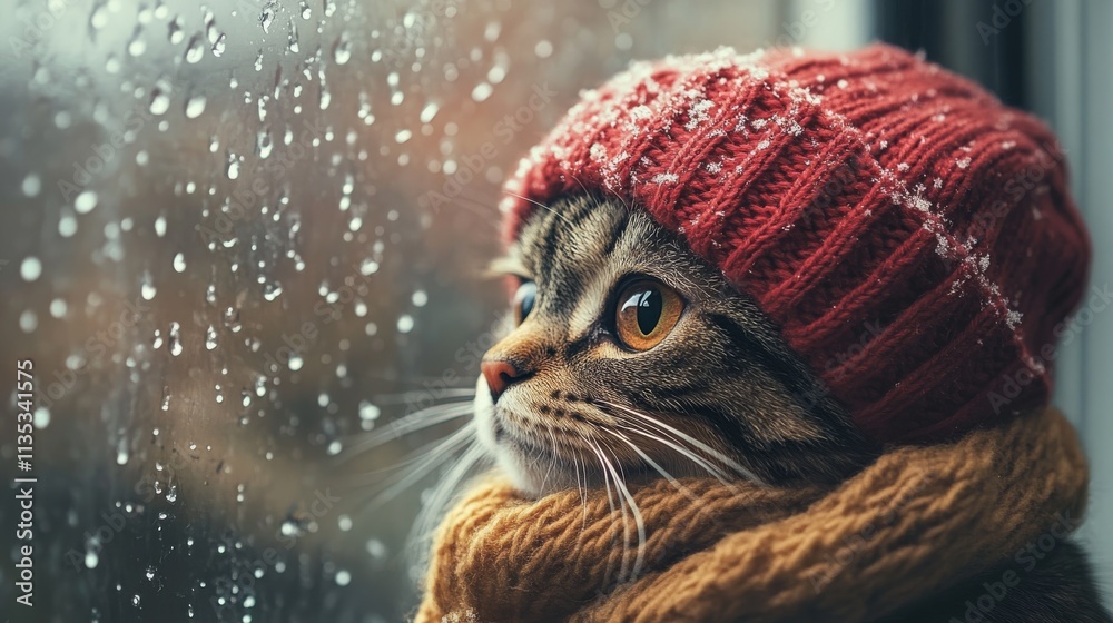 Obraz premium Charming tabby cat wearing a knitted scarf and hat, gazing out of a rain-covered window. A cozy and tender depiction of a quiet moment indoors during rainy weather.. AI Generation