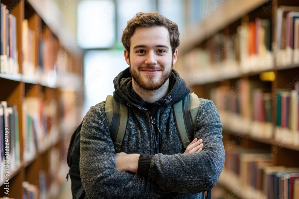A confident male student with a backpack stands in a library, arms crossed and smiling directly at the camera, exuding self-assurance. The background is filled with shelves books. A confident male student with a backpack stands in a library, arms crossed and smiling directly at the camera, exuding self-assurance. The background is filled with shelves books.