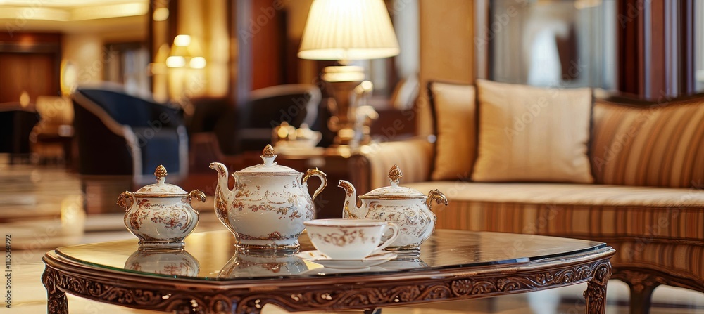 Elegant Hotel Lobby Tea Setup with Ornate Teapots and Fine China for Branding and Design Use Elegant Hotel Lobby Tea Setup with Ornate Teapots and Fine China for Branding and Design Use