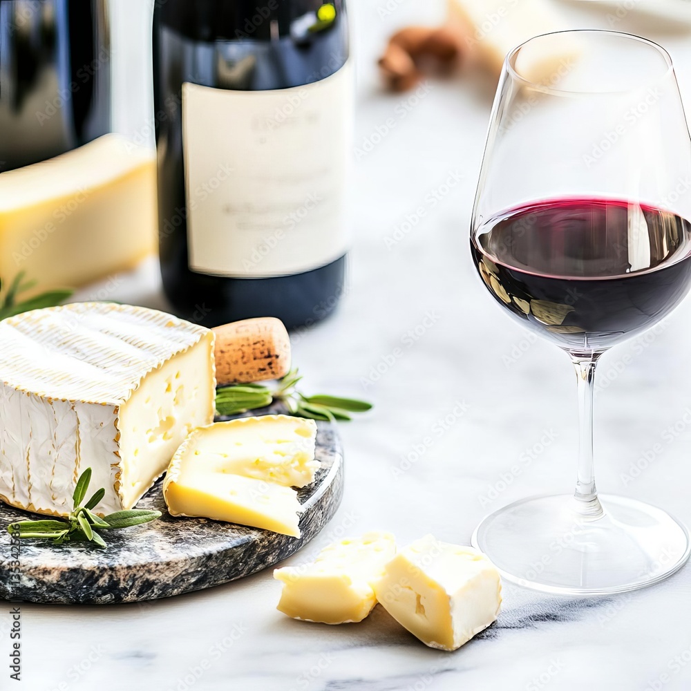 Fine wine and artisanal cheese spread on a marble table, promoting indulgence, epicurean delight Fine wine and artisanal cheese spread on a marble table, promoting indulgence, epicurean delight