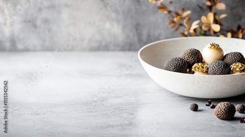Fine dining dish with truffles and edible gold, promoting indulgence, culinary extravagance