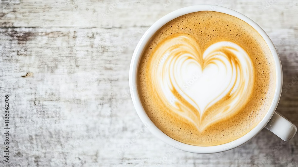 Foamy cappuccino with a heart-shaped latte art, promoting indulgence, romantic indulgence Foamy cappuccino with a heart-shaped latte art, promoting indulgence, romantic indulgence