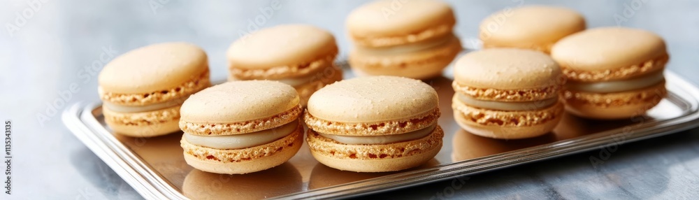 Gold-flecked macarons on a polished silver tray, promoting indulgence, delicate luxury Gold-flecked macarons on a polished silver tray, promoting indulgence, delicate luxury
