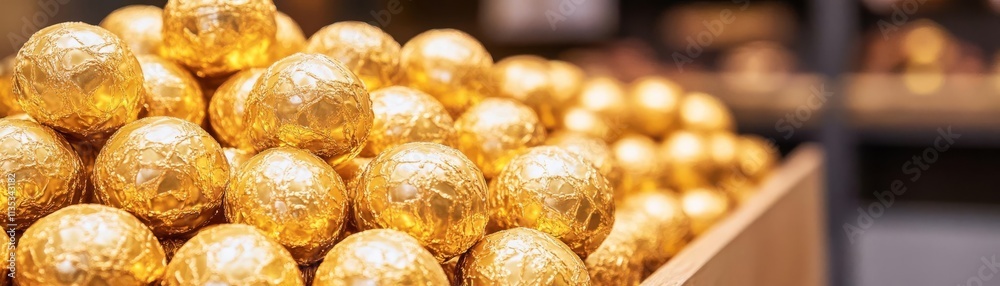 Gold-foiled chocolates displayed in a high-end boutique, promoting indulgence, sweet treasures Gold-foiled chocolates displayed in a high-end boutique, promoting indulgence, sweet treasures