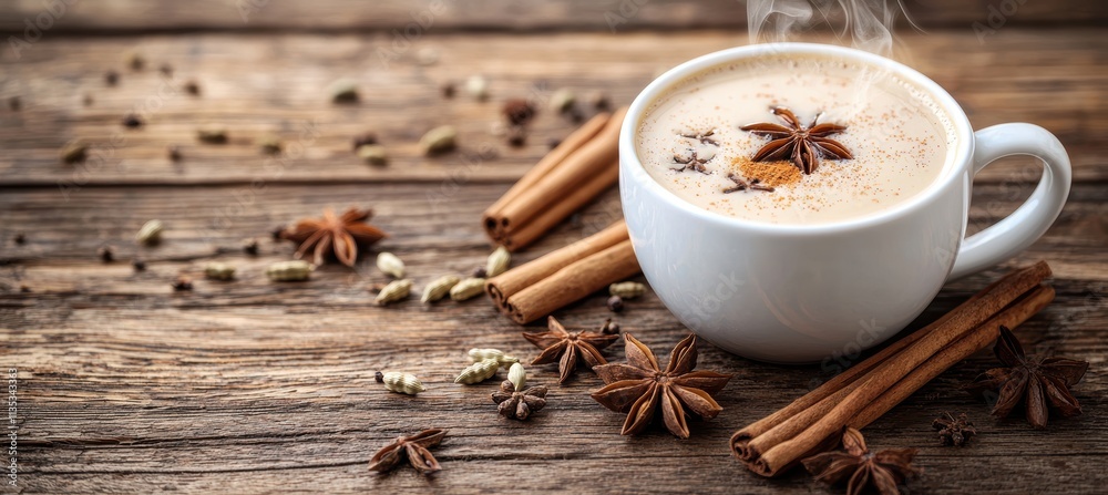 Steaming Chai Tea with Cinnamon Sticks and Spices on Rustic Wooden Table for Autumn Atmosphere