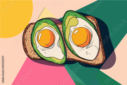 Avocado Toast with Fried Eggs: A vibrant illustration of a delicious avocado toast topped with two perfectly fried eggs, set against a backdrop of colorful geometric shapes.