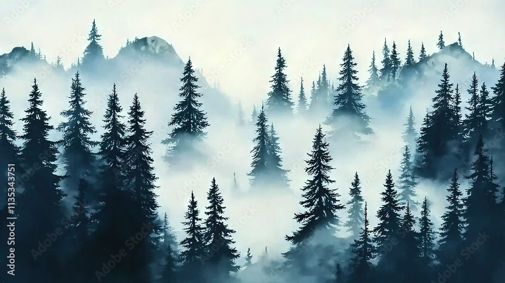 A foggy forest painting features pine trees in the foreground and a distant mountain in the background A foggy forest painting features pine trees in the foreground and a distant mountain in the background