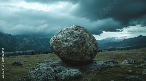 Capture a cinematic 35mm film scene: a boulder rolling down a mountain, heavy rain, dark clouds, and dramatic lighting. The concept of strength, fury, resilience and indomitability photo