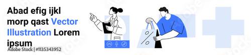 Doctor conducting consultation, person carrying shopping bags, and large blue cross. Ideal for healthcare, online shopping, medical advice, e-commerce, telemedicine, digital lifestyle social media