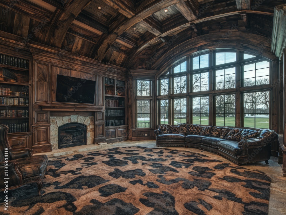 Fototapeta premium Elegant wooden library with a cozy seating area and large windows.