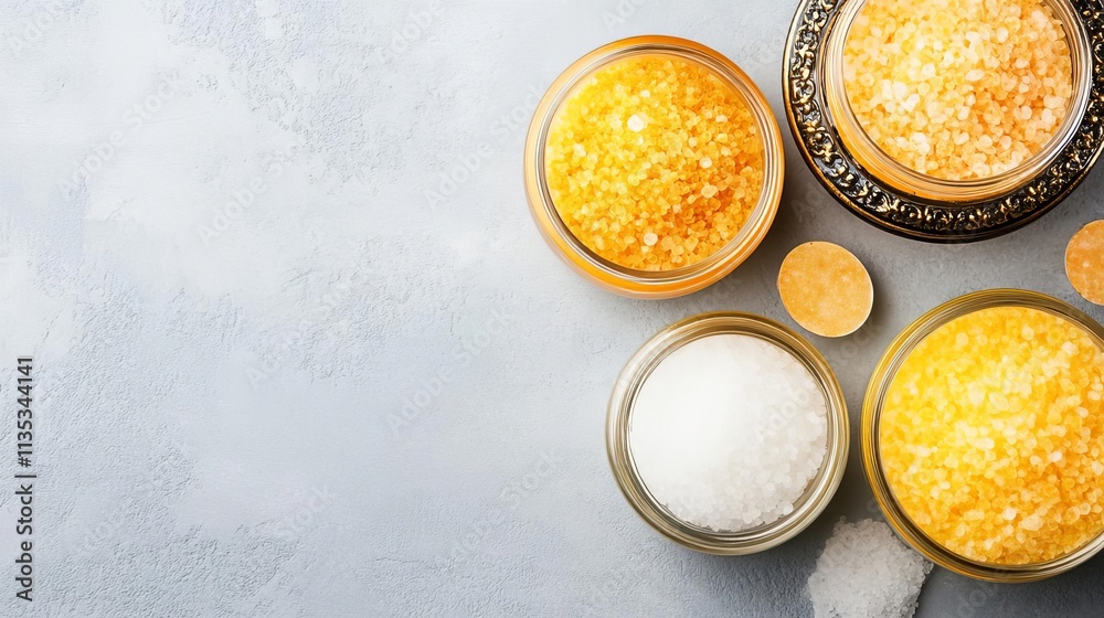 Golden spa salts in ornate glass jars, promoting indulgence, rejuvenating rituals Golden spa salts in ornate glass jars, promoting indulgence, rejuvenating rituals
