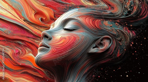 Colorful abstract representation of a woman's face with flowing hair in vibrant hues