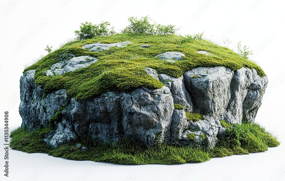 3D render of a round island with grass and moss on a white background, high resolution. 3D render of a round island with grass and moss on a white background, high resolution.