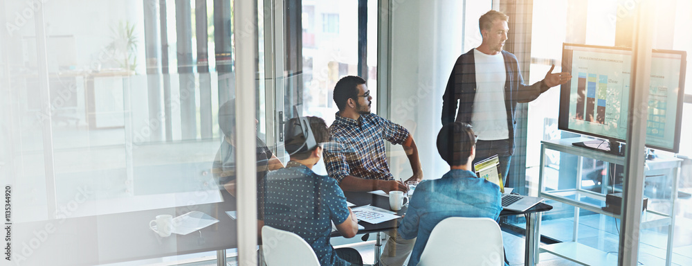 © peopleimages.com - People, meeting and screen in office for business, B2B presentation or company collaboration in banner. Man speaker, tech or investors in agency for brainstorming, growth strategy or graph on display