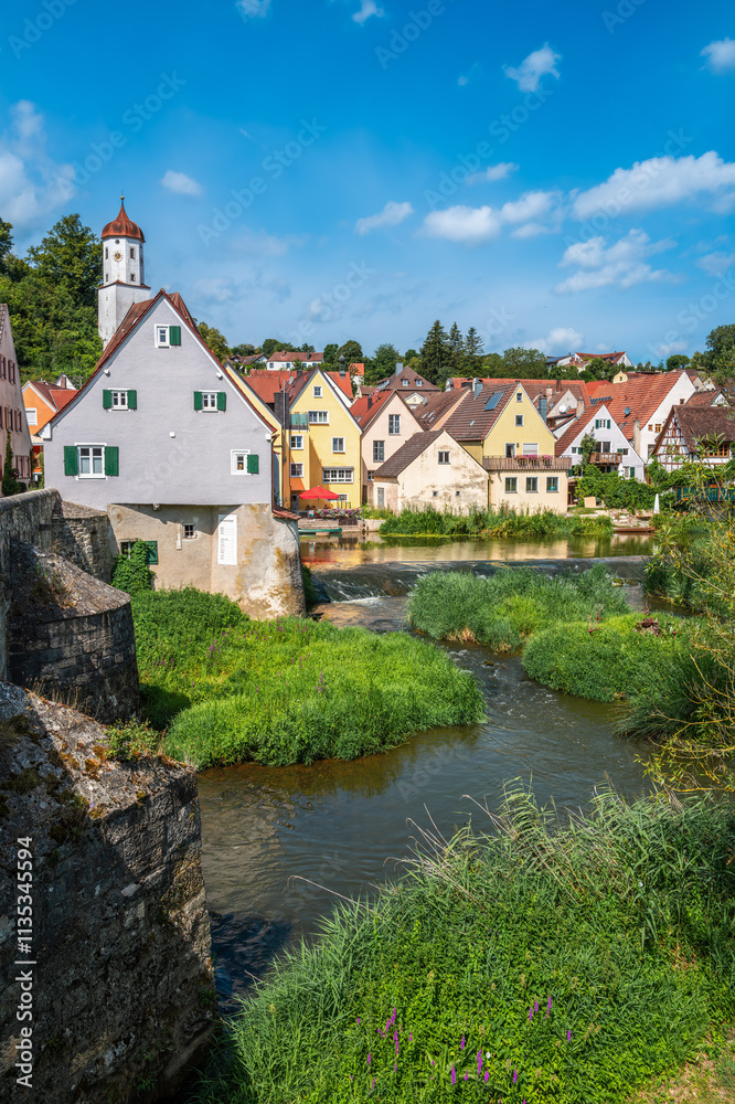Obraz premium Harburg is a beautiful village in the Wornitz River valley in Bavaria, Germany