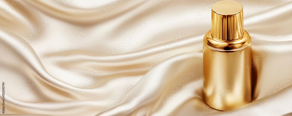 Luxury hand cream with a gold bottle resting on silk fabric, promoting indulgence, refined beauty Luxury hand cream with a gold bottle resting on silk fabric, promoting indulgence, refined beauty
