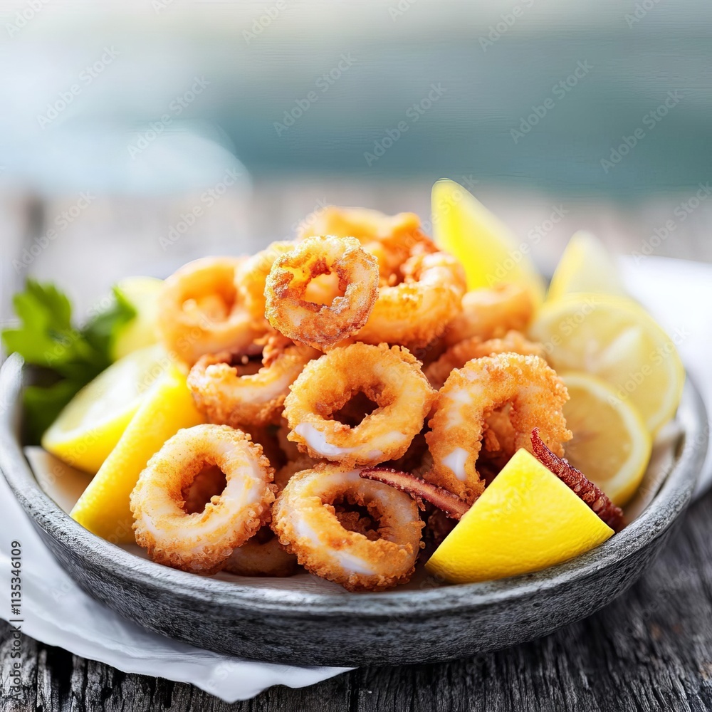 Plate of golden fried calamari served with lemon wedges, promoting indulgence, seaside luxury Plate of golden fried calamari served with lemon wedges, promoting indulgence, seaside luxury