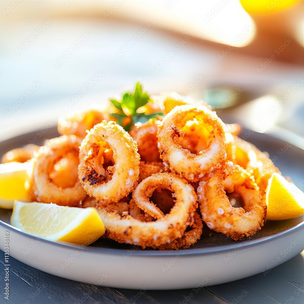 Plate of golden fried calamari served with lemon wedges, promoting indulgence, seaside luxury