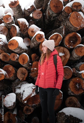 Young woman in red winter jacket with snow and chopped logs in the winter landscape of Opacua, Álava photo