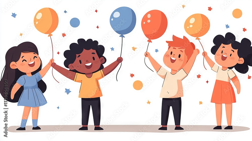 Fototapeta premium Four children joyfully celebrating with balloons at a festive gathering.