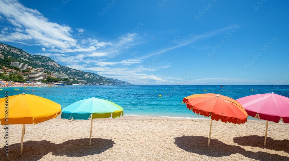 Vibrant Beach Scene with Colorful Umbrellas Vibrant Beach Scene with Colorful Umbrellas