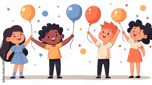 Four children joyfully celebrating with balloons at a festive gathering.
