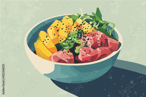 Vibrant Poke Bowl: A stylized illustration of a delicious and healthy poke bowl, featuring fresh tuna, mango, and greens. The teal bowl and textured background add a touch of artistic flair.