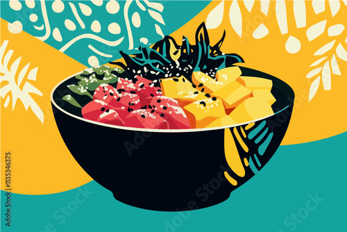 Vibrant Poke Bowl: A mouthwatering illustration of a Hawaiian poke bowl, brimming with fresh tuna, mango, avocado, seaweed salad, and sesame seeds.