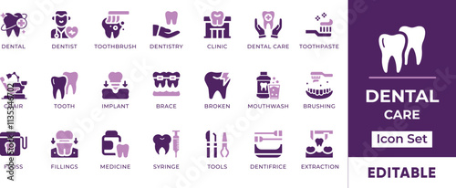 Dental Care Icon Set. Features editable icons for dentistry symbols, dental care, oral health, teeth, dentistry, orthodontics, and more. Perfect for dental clinics, dentists, and oral health websites.