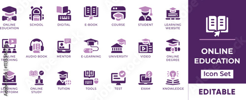 Online Education Icon Set. Features editable icons for online education, e-books, online courses, and more. Perfect for educational institutions, online learning platforms, and e-learning websites.