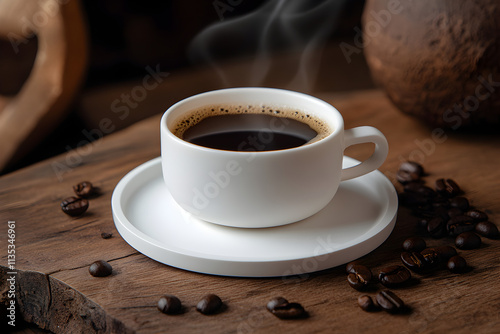 Steaming Cup of Coffee with Coffee Beans on Rustic Wooden Table photo