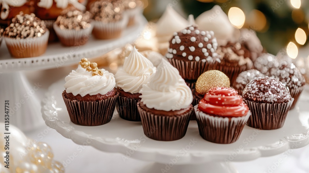 Elegant New Year's Eve Dessert Platter with Glittering Cupcakes and Pastries on White Tablecloth Close-Up Elegant New Year's Eve Dessert Platter with Glittering Cupcakes and Pastries on White Tablecloth Close-Up