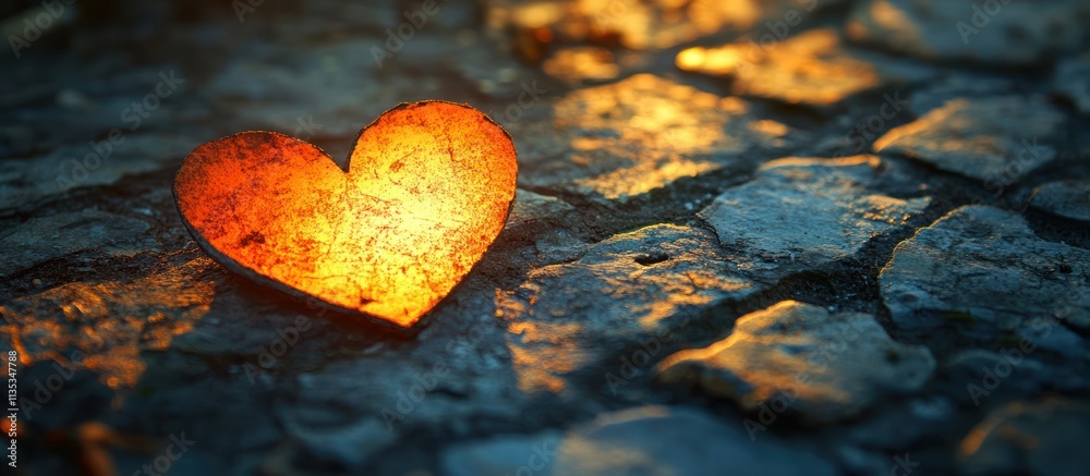 Fototapeta premium Glowing heart shape on cobblestone path.