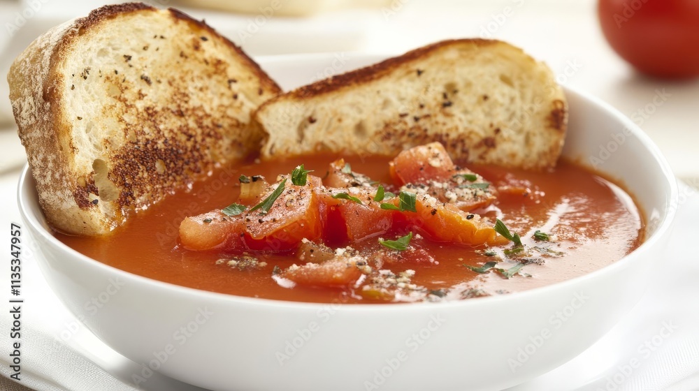 Warm bowl of rich tomato bisque with toasted bread, promoting indulgence, comforting indulgence Warm bowl of rich tomato bisque with toasted bread, promoting indulgence, comforting indulgence