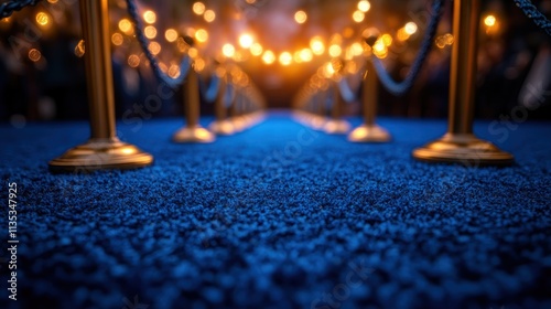 A deep blue carpet pathway lined with gold stanchions and ropes, leading to a blurred background of a crowd and warm light, suggestive of a VIP event or award ceremony. photo