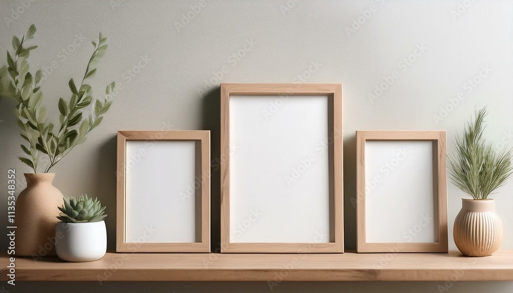 Three blank picture frames wall art posters on a wooden shelf with decorative items mockup Three blank picture frames wall art posters on a wooden shelf with decorative items mockup