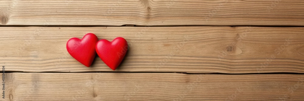 Two red hearts on rustic wooden Valentine's Day background, hearts,festive