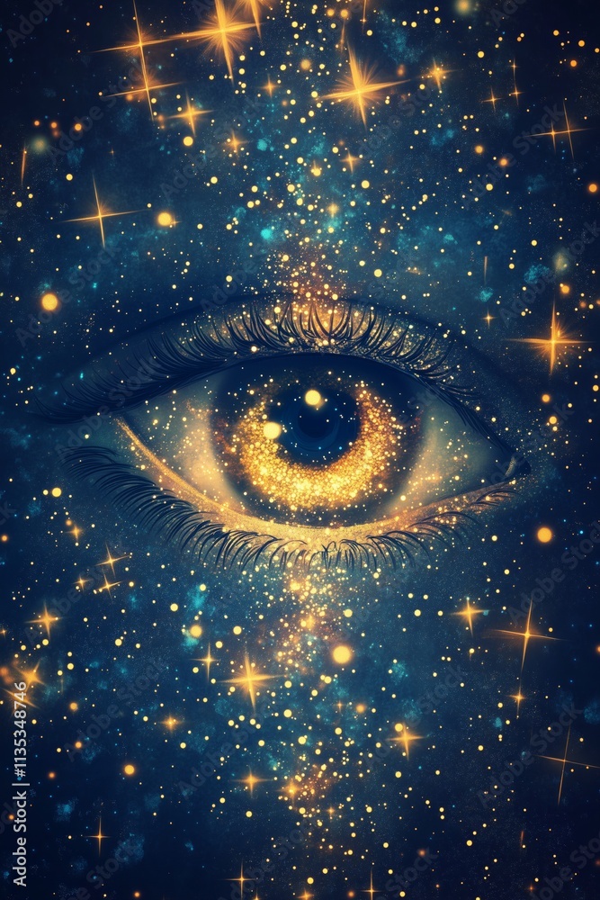 abstract astral eye in blue and gold surrounded by golden stars in space, surreal, glow, shiny abstract astral eye in blue and gold surrounded by golden stars in space, surreal, glow, shiny
