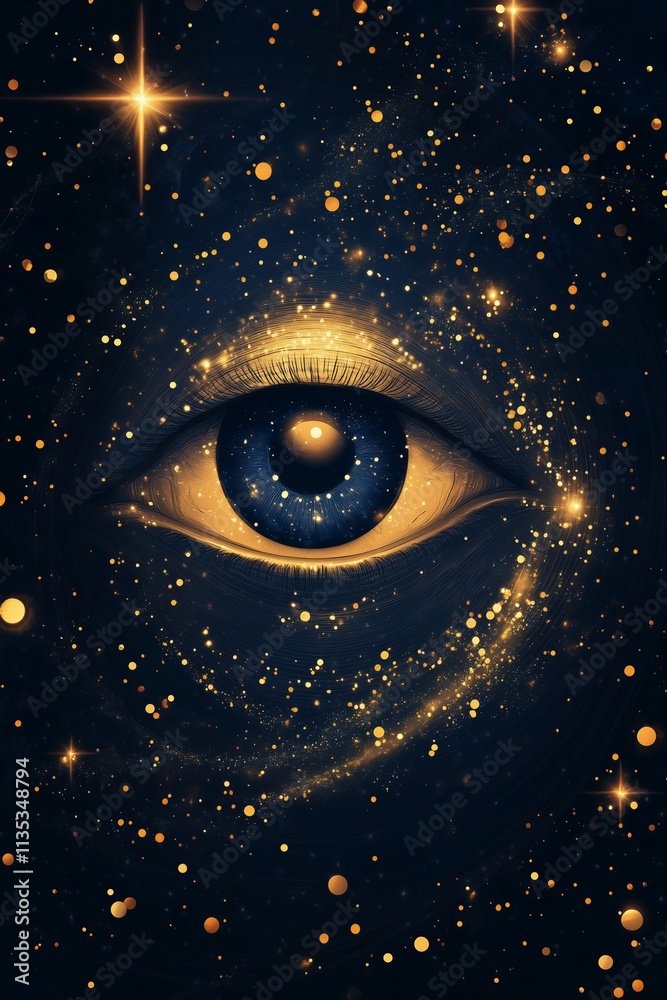 abstract astral eye in blue and gold surrounded by golden stars in space, surreal, glow, shiny abstract astral eye in blue and gold surrounded by golden stars in space, surreal, glow, shiny
