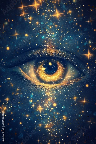 abstract astral eye in blue and gold surrounded by golden stars in space, surreal, glow, shiny