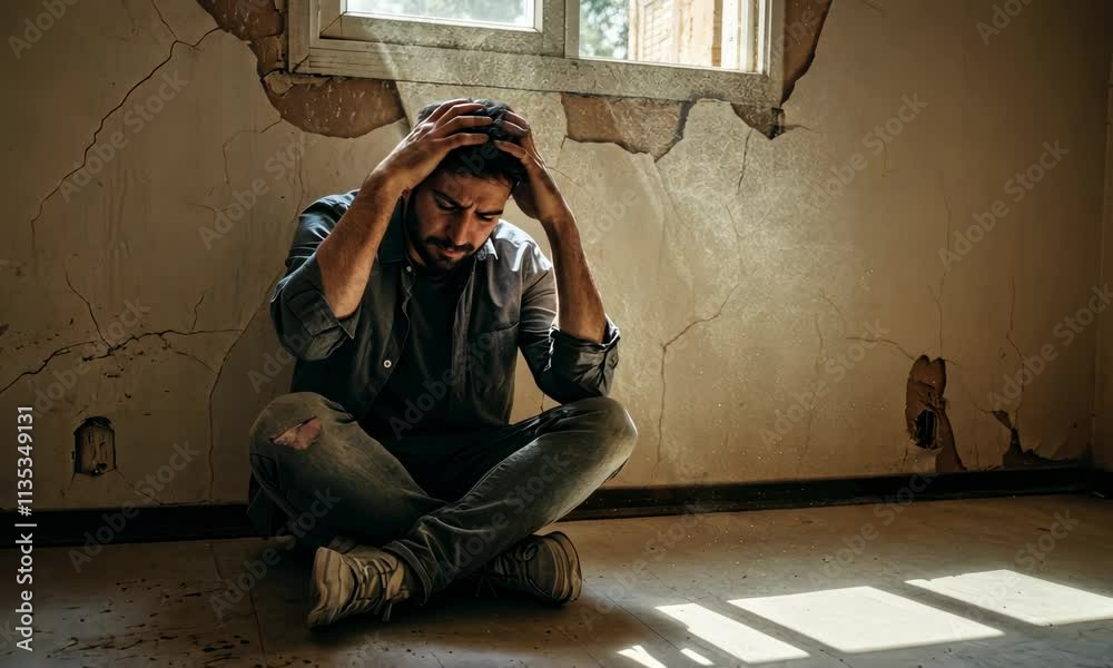 Distressed man sitting in dilapidated room, holding his head