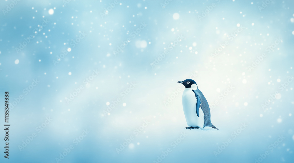 Fototapeta premium Wintery Charm: Penguin in Frosty Blue Winter Theme