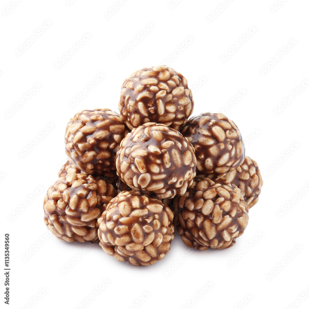 Delicious chocolate puffed rice balls isolated on white Delicious chocolate puffed rice balls isolated on white