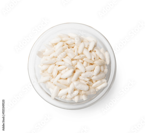 Puffed rice in bowl isolated on white, top view photo