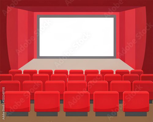 Cinema auditorium with red seats and blank screen. illustration vector isolated with white background.