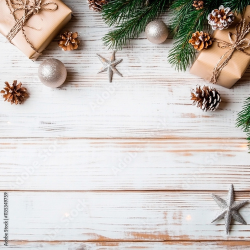 Christmas composition. Gifts, fir tree branches on white wooden background. Flat lay, top view, copy space